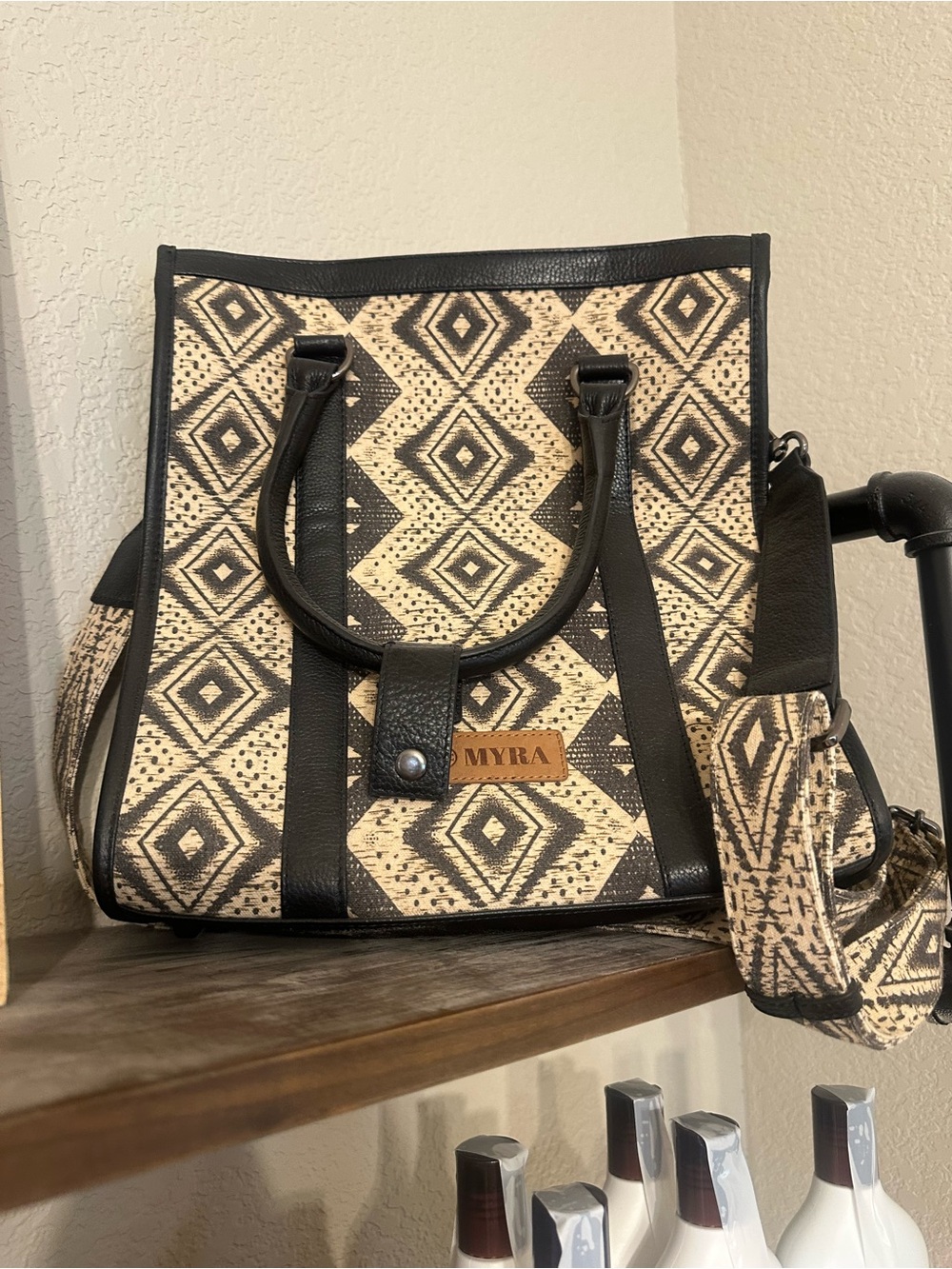 Myra Bag Black & Cream Aztec Pattern Tote